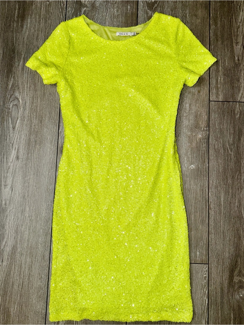 Neon Yellow Sequin Short-Sleeve Shift Dress